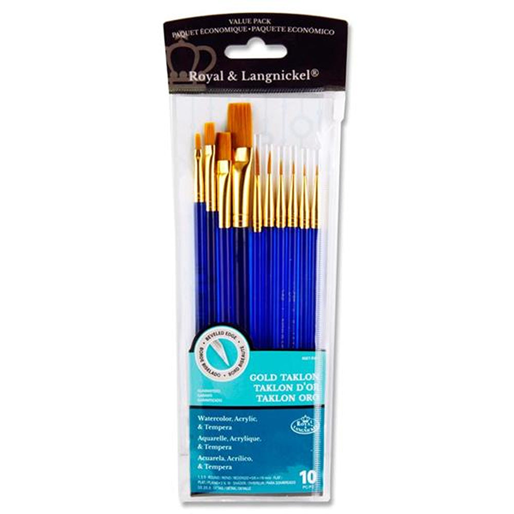 Royal &amp; Langnickel Golden Taklon Brush Set | Ideal for watercolour &amp; Tempera Paints | Pack of 10