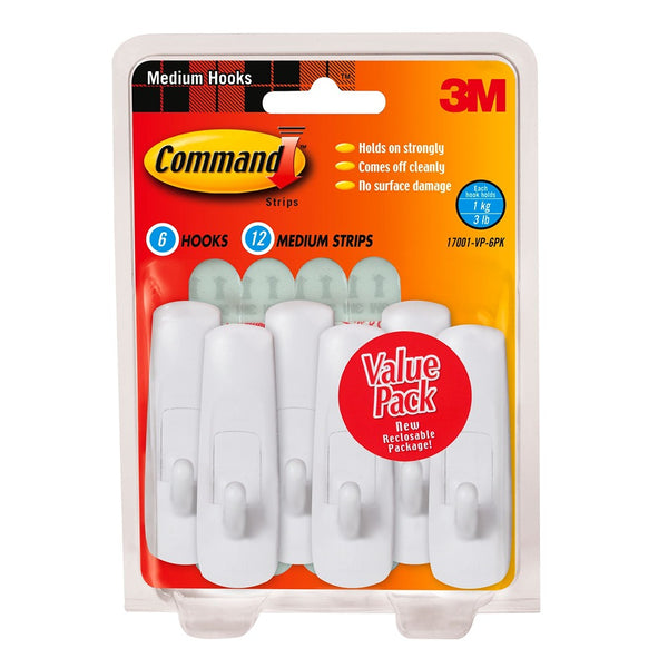 Command Versatile Medium Utility Hooks | Pack of 6 | Holds Up to 1.5kg