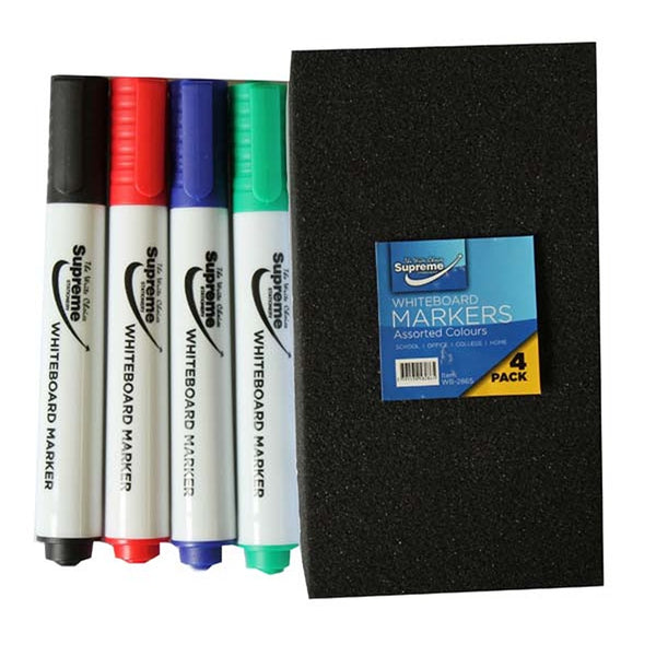 Supreme Vibrant Colours Whiteboard Markers and Eraser Set | 4pk