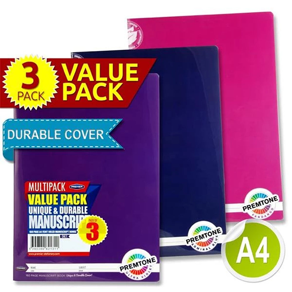 Premto A4 Durable Cover Manuscript Book with Margins | 160 Page | Pack of 3
