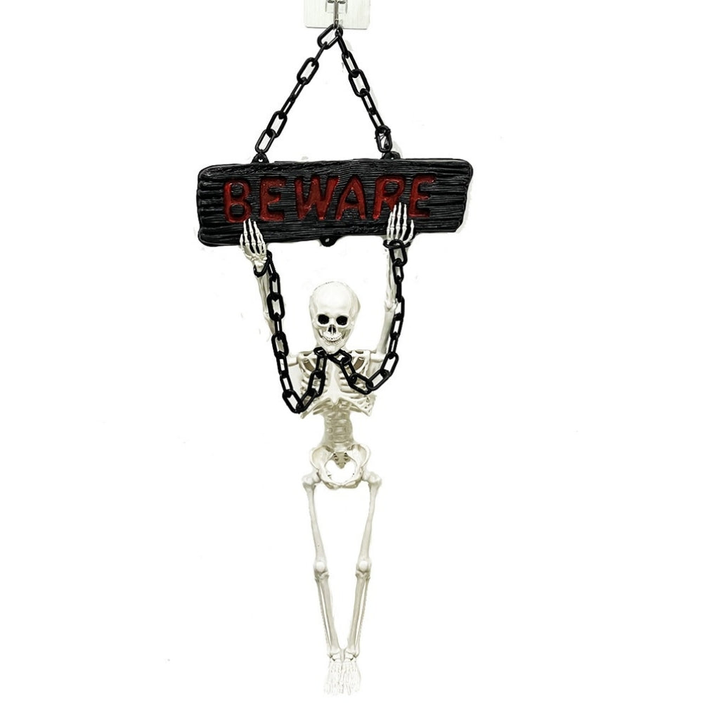 Haunted Haven Hanging Skeleton with "BEWARE" Sign | 65cm