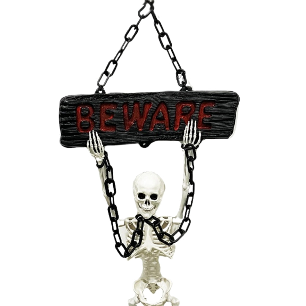 Haunted Haven Hanging Skeleton with "BEWARE" Sign | 65cm