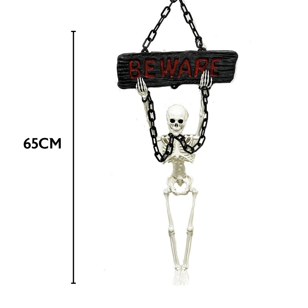 Haunted Haven Hanging Skeleton with "BEWARE" Sign | 65cm
