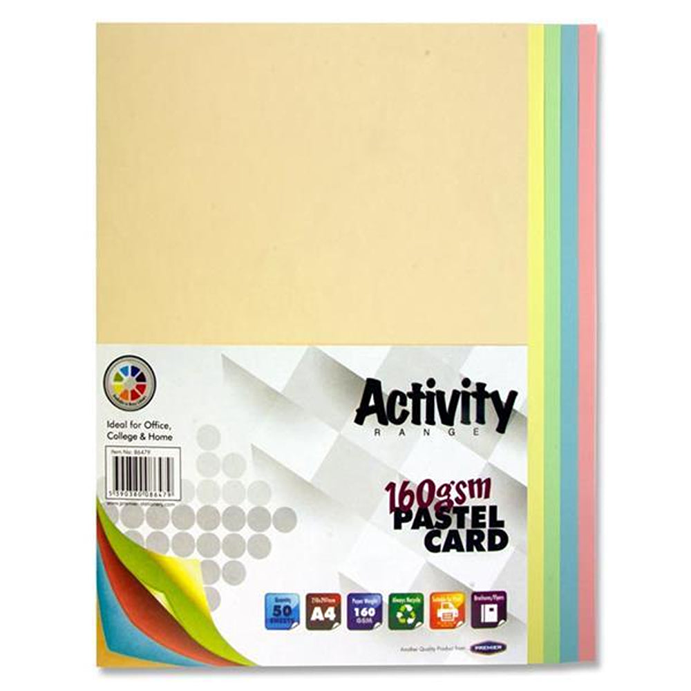Premier Activity A4 Rainbow Pastel Coloured Card | 160gsm | 50 Sheets