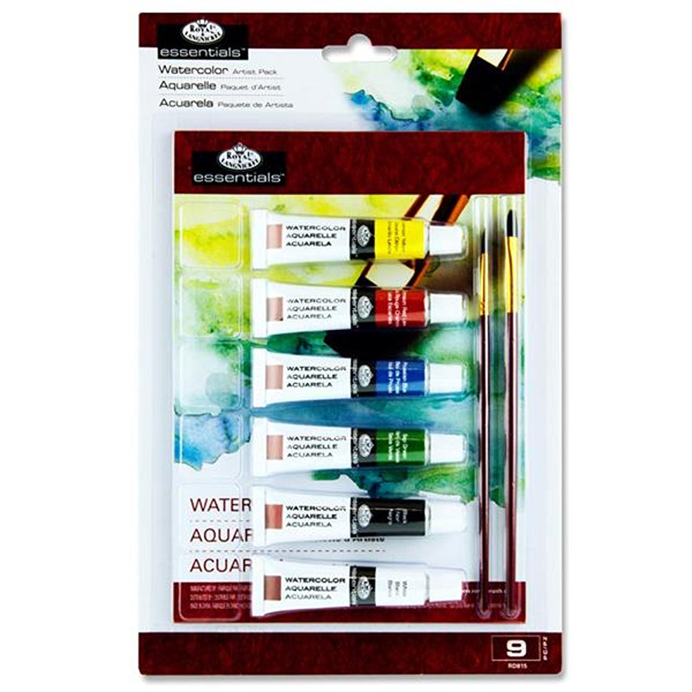 Essentials A5 Artist Watercolour Painting Pack | Includes Paint, Black Taklon, Paper Pad &amp; Brushes | 9 Piece Set