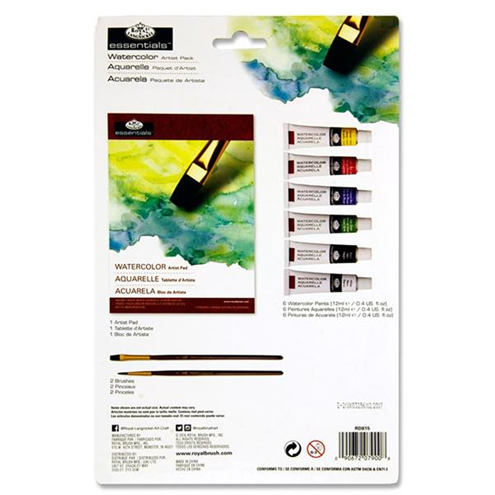 Essentials A5 Artist Watercolour Painting Pack | Includes Paint, Black Taklon, Paper Pad &amp; Brushes | 9 Piece Set