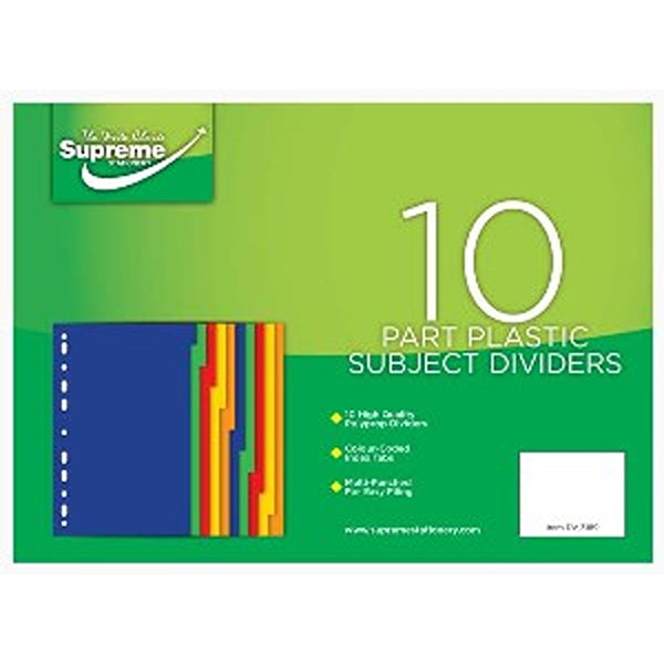 Supreme Durable Plastic Subject Dividers | 10-Part, Colour-Coded, Printable