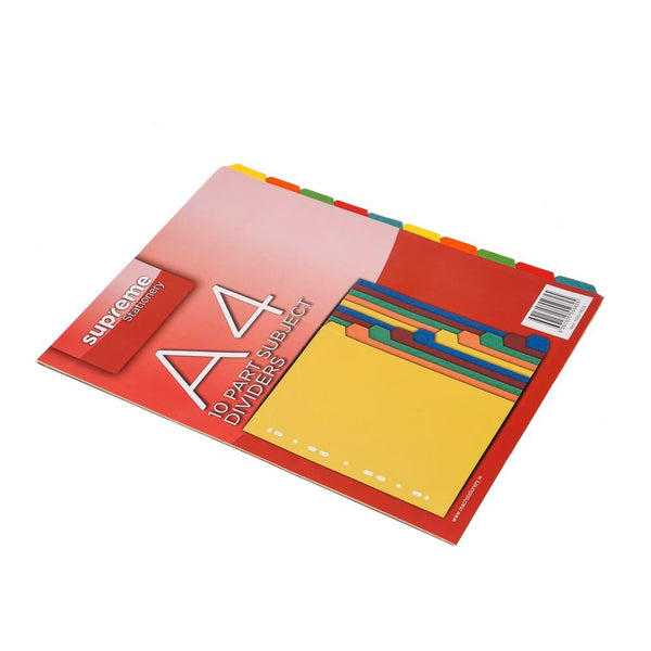 Supreme A4 10-Part Subject Dividers | Durable High-Quality Paper | Brightly Coloured Tabs