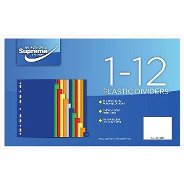 Supreme 1-12 Plastic Subject Dividers | Multi-Coloured, Pre-Punched, Customisable Index
