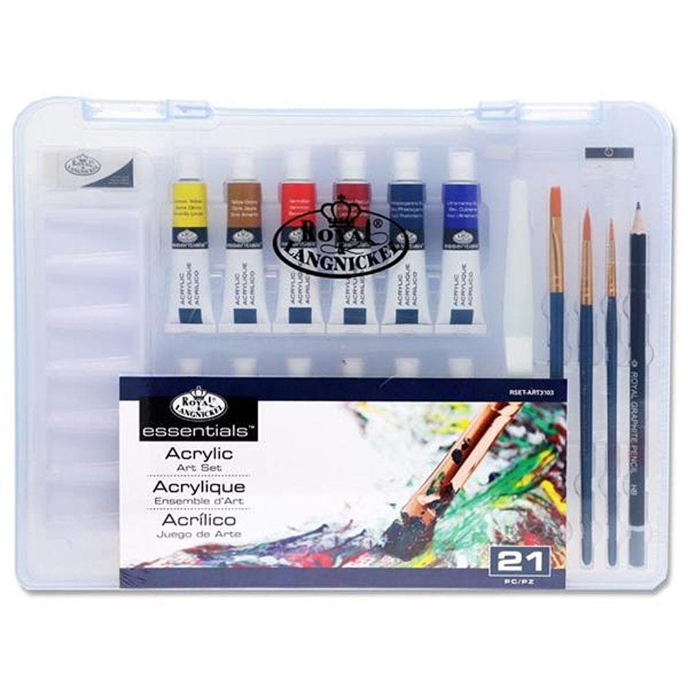 Essentials Acrylic Paint Set | Includes Pencil, Brushes, Eraser Sharpeners & Paint Tubes | 21 Piece Set