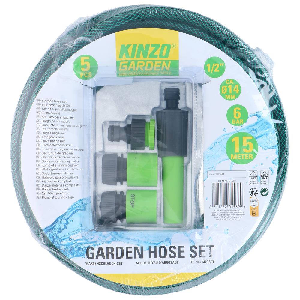 Kinzo Garden Hose Set with Nozzle & Connectors | 15m | 5 Piece Set - Choice Stores