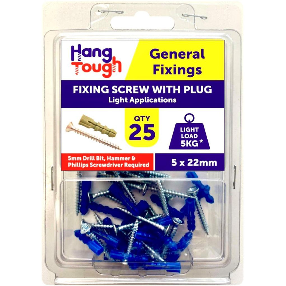 Hang Tough Fixing Plugs with Screw | Capacity 5kg | 5 x 22mm | Pack of 25