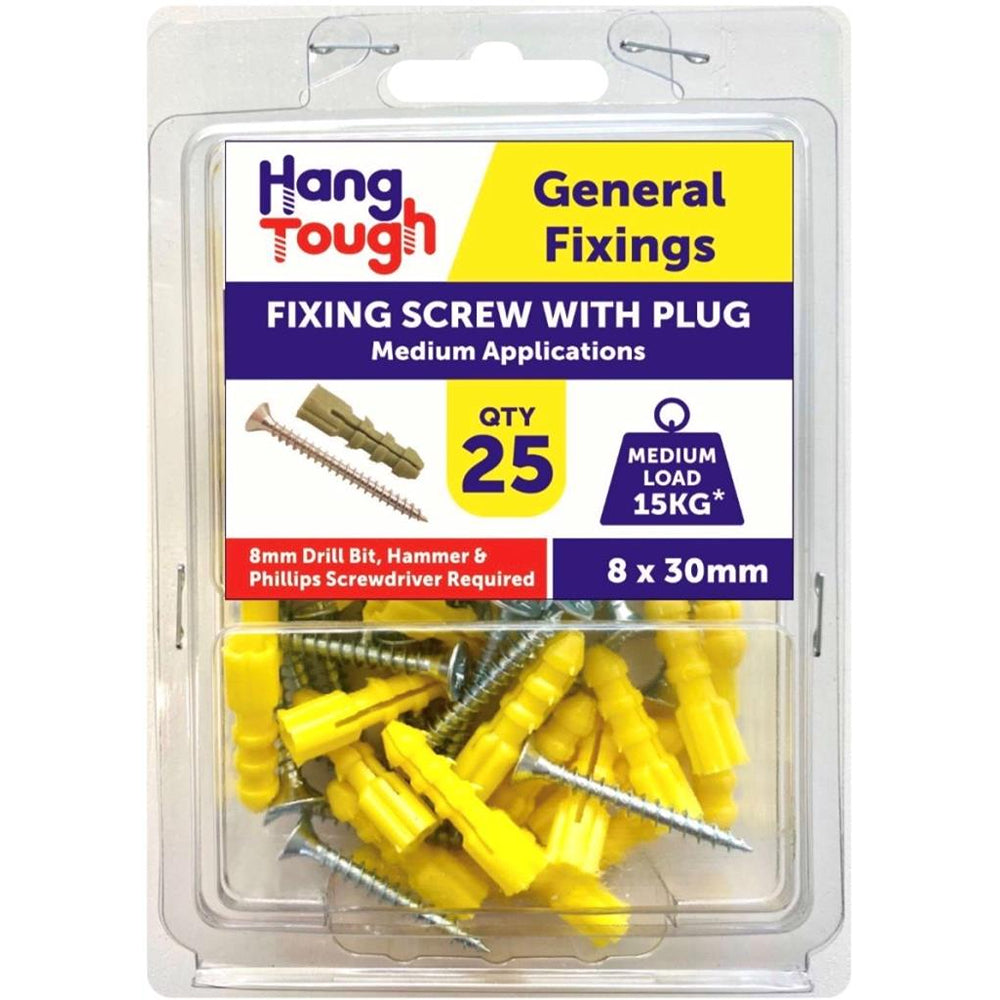 Hang Tough Fixing Plugs with Screw | Capacity 15kg | 8 x 30mm | Pack of 25