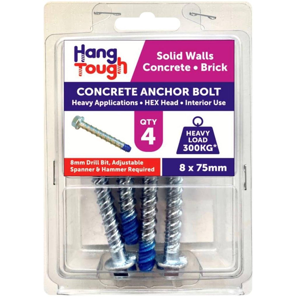 Hang Tough Concrete Anchor Bolt with Hex Head | Capacity 300kg | 8 x 75mm | Pack of 4