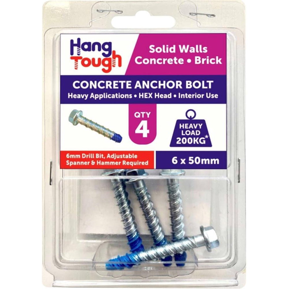 Hang Tough Concrete Anchor Bolt with Hex Head | Capacity 200kg | 6.0 x 50mm | Pack of 4