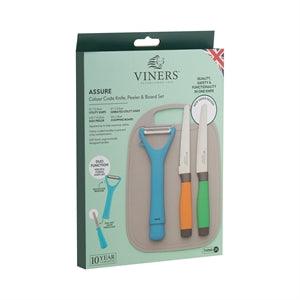 Viners Assure Colour Code Knife, Peeler &amp; Board Set - Choice Stores