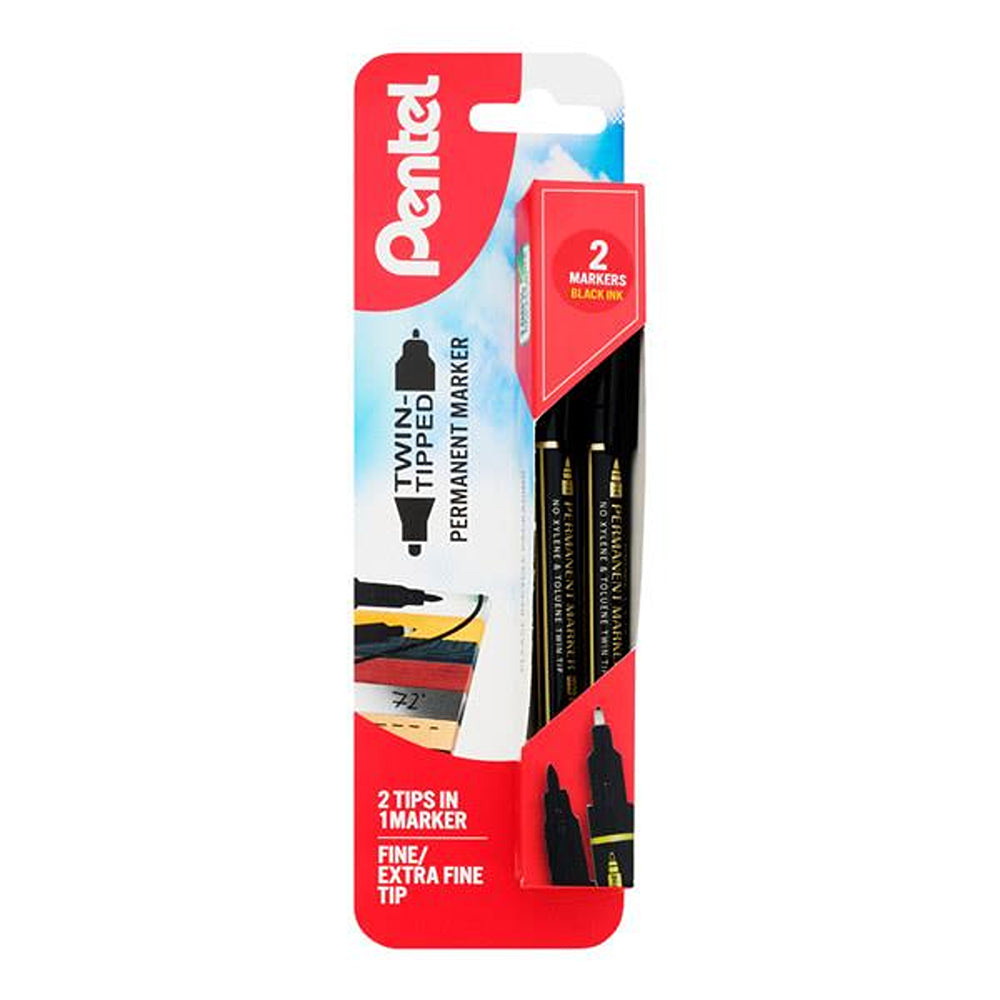 Pentel Twin Tipped Black Permanent Markers | 0.6/3.5mm | Pack of 2