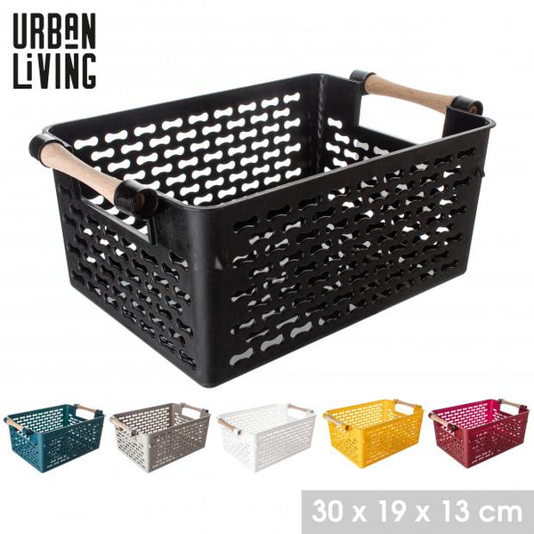 Urban Living Perforated Plastic Storage Basket with Wood Handles | 30 x 19cm