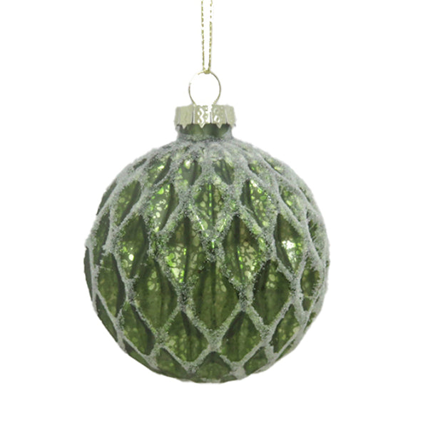 Christmas Green Glass Bauble | 8cm, Silver Glitter Lattice Mesh, Hanging Loop
