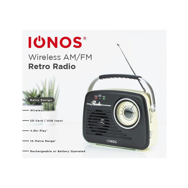Ionos Portable Retro BT Radio | Wireless, SD & USB Input | 4.5H Playtime