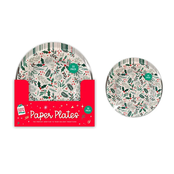 Christmas Printed Paper Plates | Pack of 20, Holly and Berry, Disposable, Round