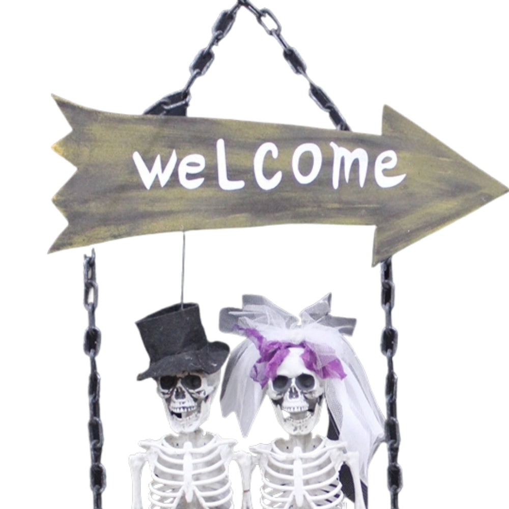 Halloween Skeleton Couple on Swing Welcome Sign | 40 x 20 x 64cm