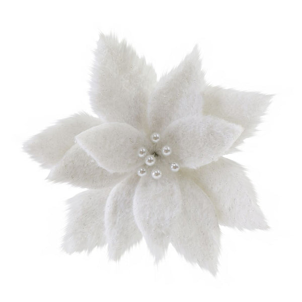 Snowy Fluffy Poinsettia Clip | 30cm, White with Silver Tinsel