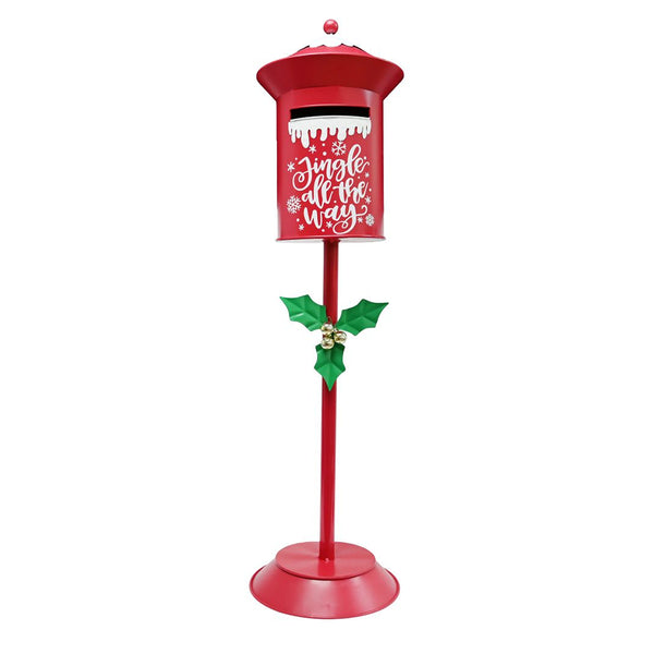 Matte Red Metal Christmas Mailbox on Stand with Holly | 119cm
