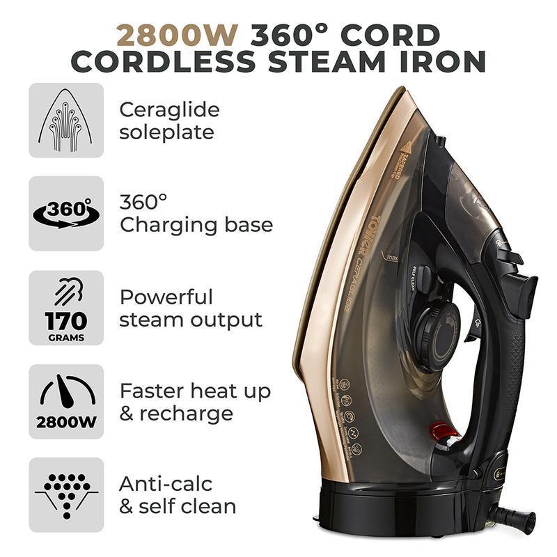 Ceraglide 2800W 360 Cord Cordless Steam Iron Black and Gold - Choice Stores