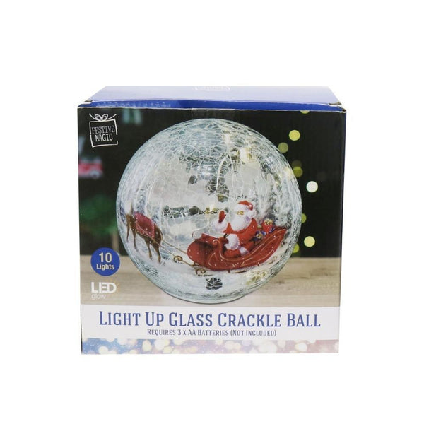 Festive Magic LED Light Up Glass Crackle Ball | Features Santa on Sleigh | 15 cm - Choice Stores