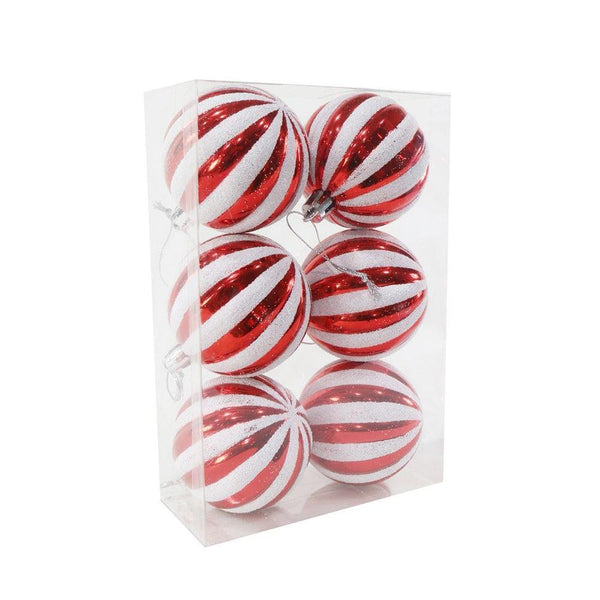Festive Magic Red & White Shiny Baubles with Glitter | Pack of 6 - Choice Stores