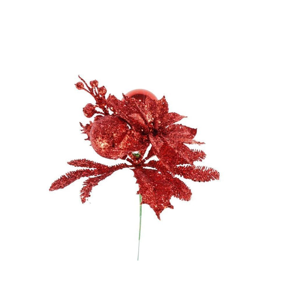 Glittered Poinsettia with Bauble Pick | 20cm - Choice Stores