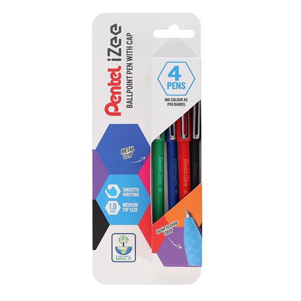 Pentel Izee Ballpoint Pens with Cap & Metal Clip & Honeycomb Grip | Red, Blue, Black & Green | Pack of 4 - Choice Stores
