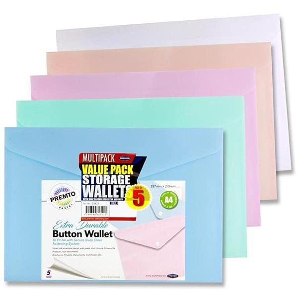 Premto A4 Extra Durable Button Wallet | Pack of 5 | Pastel Colours - Choice Stores