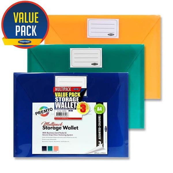 Premto A4 Multipack Storage Wallets with Button Closure | Pack of 3 | Assorted Colours - Choice Stores
