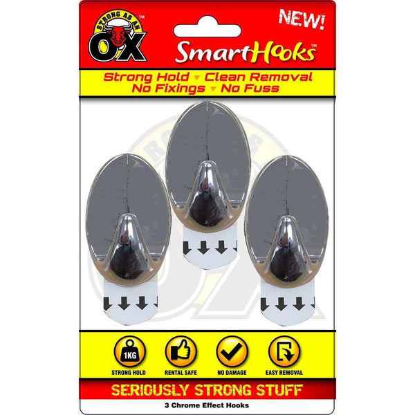 Strong as an Ox Removable Chrome Hooks | 1kg Capacity | Pack of 3 - Choice Stores