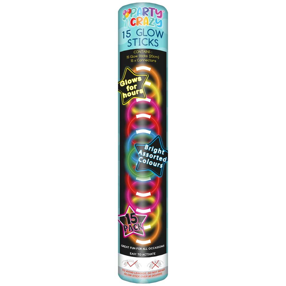 Party Crazy Glow Sticks Pack of 15 Light Sticks | 20 cm, Assorted Colours
