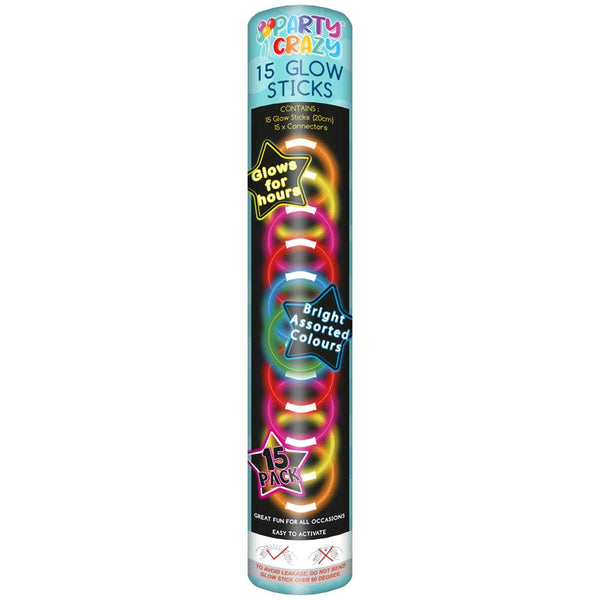 Party Crazy Glow Sticks Pack of 15 Light Sticks | 20 cm, Assorted Colours