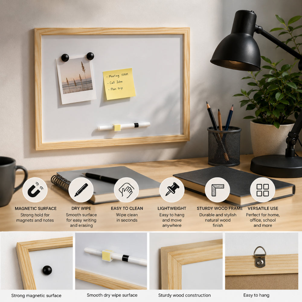 Magnetic Dry-Erase Whiteboard - 40 x 30cm, Wood-Effect Frame