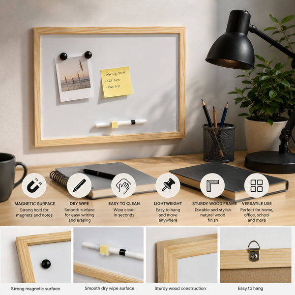 Magnetic Dry-Erase Whiteboard - 40 x 30cm, Wood-Effect Frame