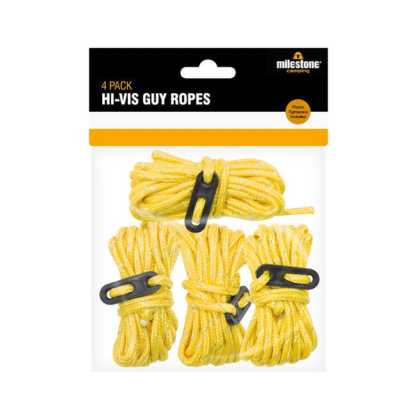 Milestone High-Vis Guy Ropes Pack of 4 | Reflective Tracers, Plastic Tighteners