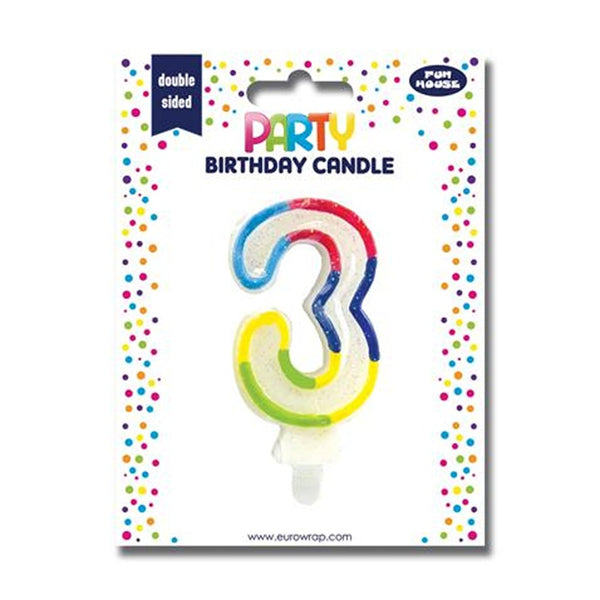 Number 3 Birthday Cake Candle | Assorted Rainbow Colours, Double-Sided