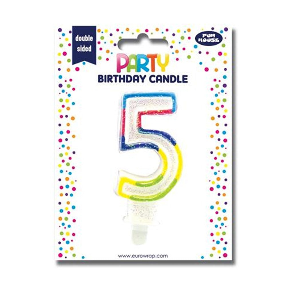 Number 5 Multicolour Glitter Birthday Candle | Double-Sided Cake Topper