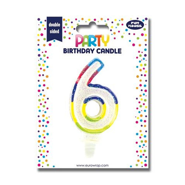 Number 6 Birthday Cake Candle | Double-Sided, Multi-Colour Sparkly Detail