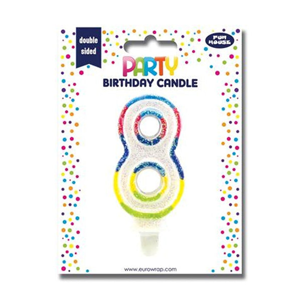 Number 8 Glitter Birthday Candle Cake Topper | Assorted Colours, Double-Sided