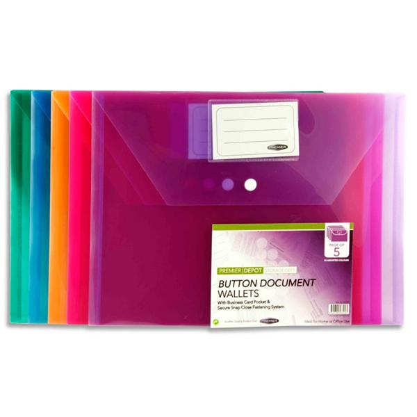 Premier Concept A4 Clear Document Wallet with Button Closure | Coloured | Pack of 5
