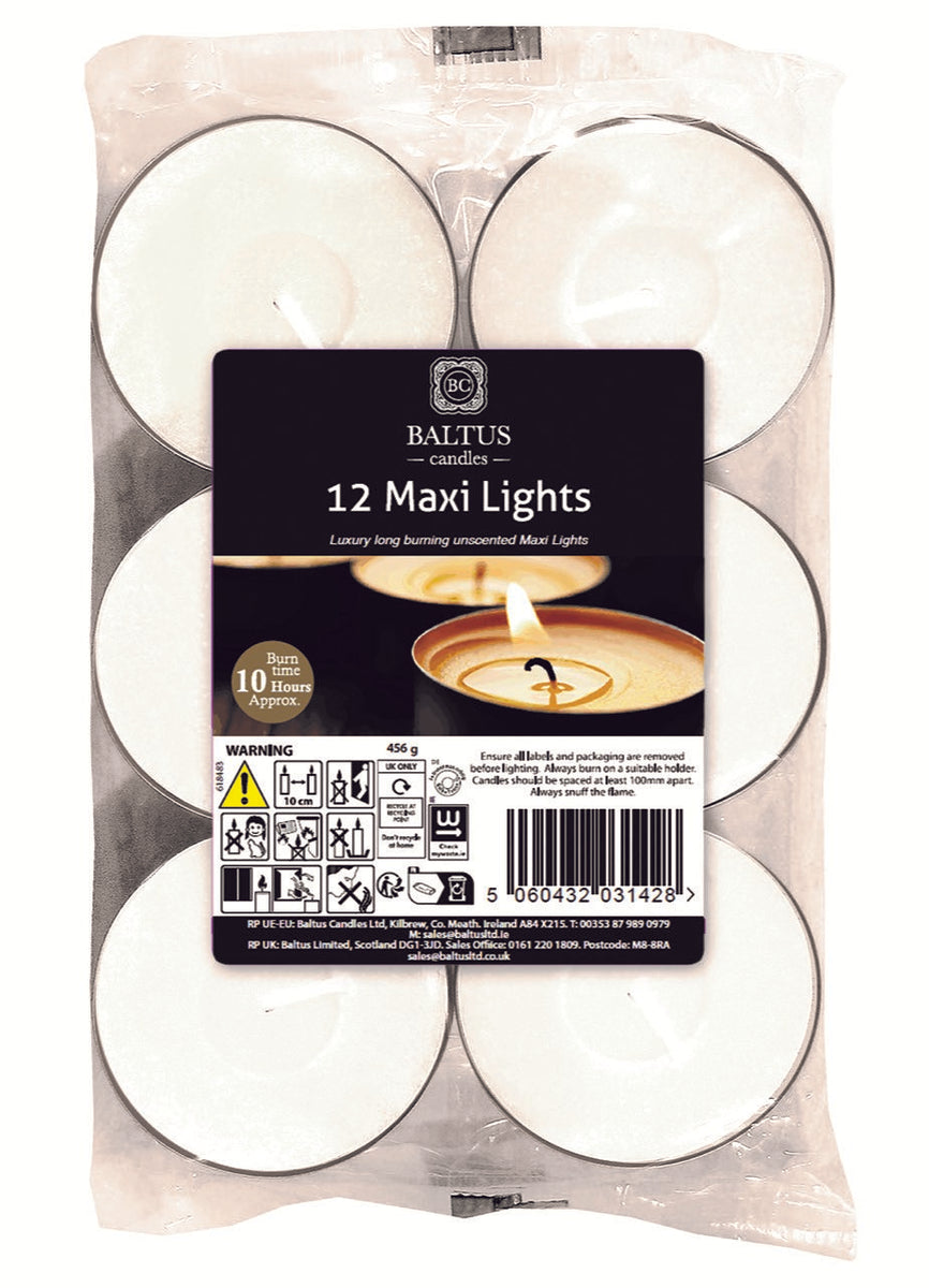 Baltus White Maxi Tealight Candles | Unscented | 12 Pack | 10hr Burn