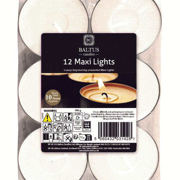 Baltus White Maxi Tealight Candles | Unscented | 12 Pack | 10hr Burn