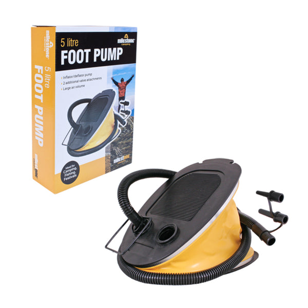 Milestone 5 Litre Foot Pump Inflator | Deflator Function, 2 Valve Attachments