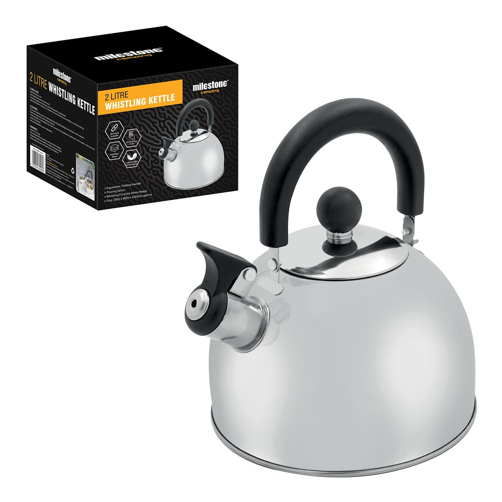 Milestone Camping Kettle Stainless Steel 2 Litre | Whistling Spout, Wide Base